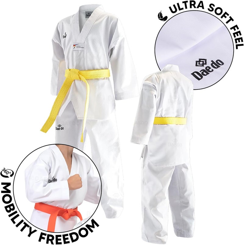 Dae Do Taekwondo Beginner Uniform - WT Recognized, International Standards, White V-Neck, Includes Pants & Belt - Image 2